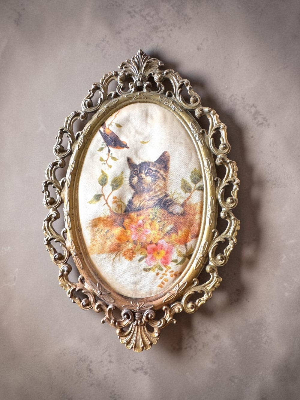 Vintage Framed Kitten Cat Fabric Art Ornate Gold Frame Floral Bird Cottagecore